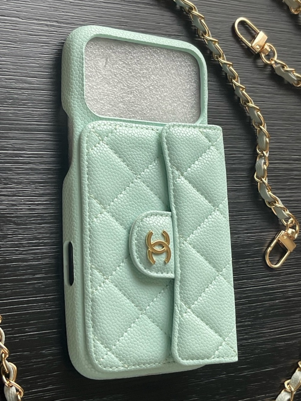 iPhone 17 Pro Max Quilted Teal Green Crossbody Phone Case with Gold Chain. - Picture 4 of 5